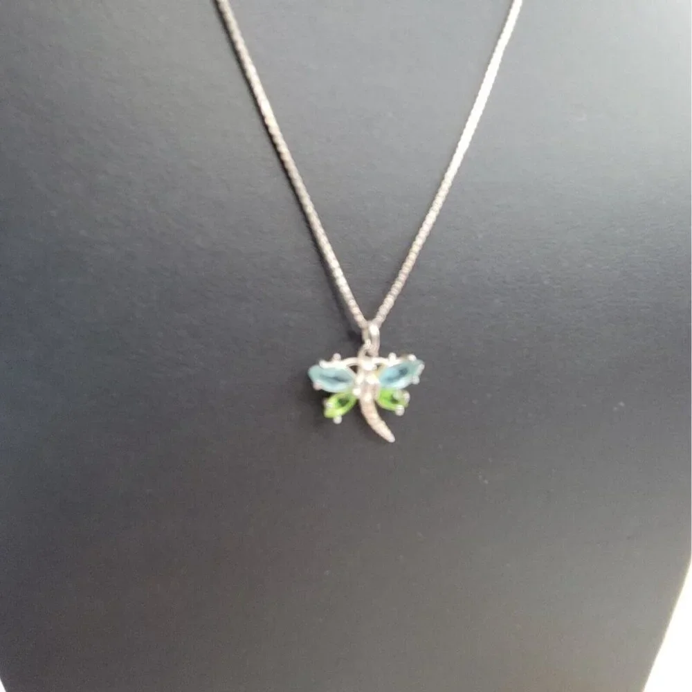 Swarovski Crystal Dragonfly Pendant Necklace 925 Sterling Silver 18" Chain Blue - Picture 4 of 10